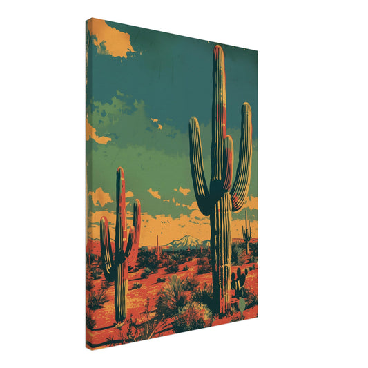 Leinwand „Wüstenzauber“ mit Retro-Wüstenlandschaft mit Kakteen in Petrol und Orange, 50x70 cm