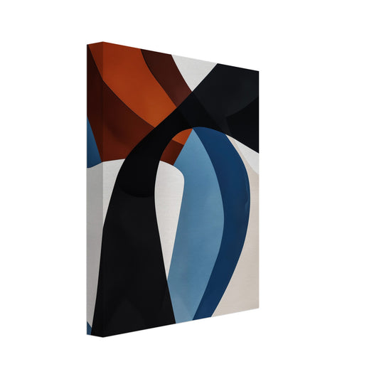 Leinwand „Bold Abstraction“ mit dynamische geometrische Formen in Schwarz, Blau, Rost und Creme, Format 20 × 25 cm