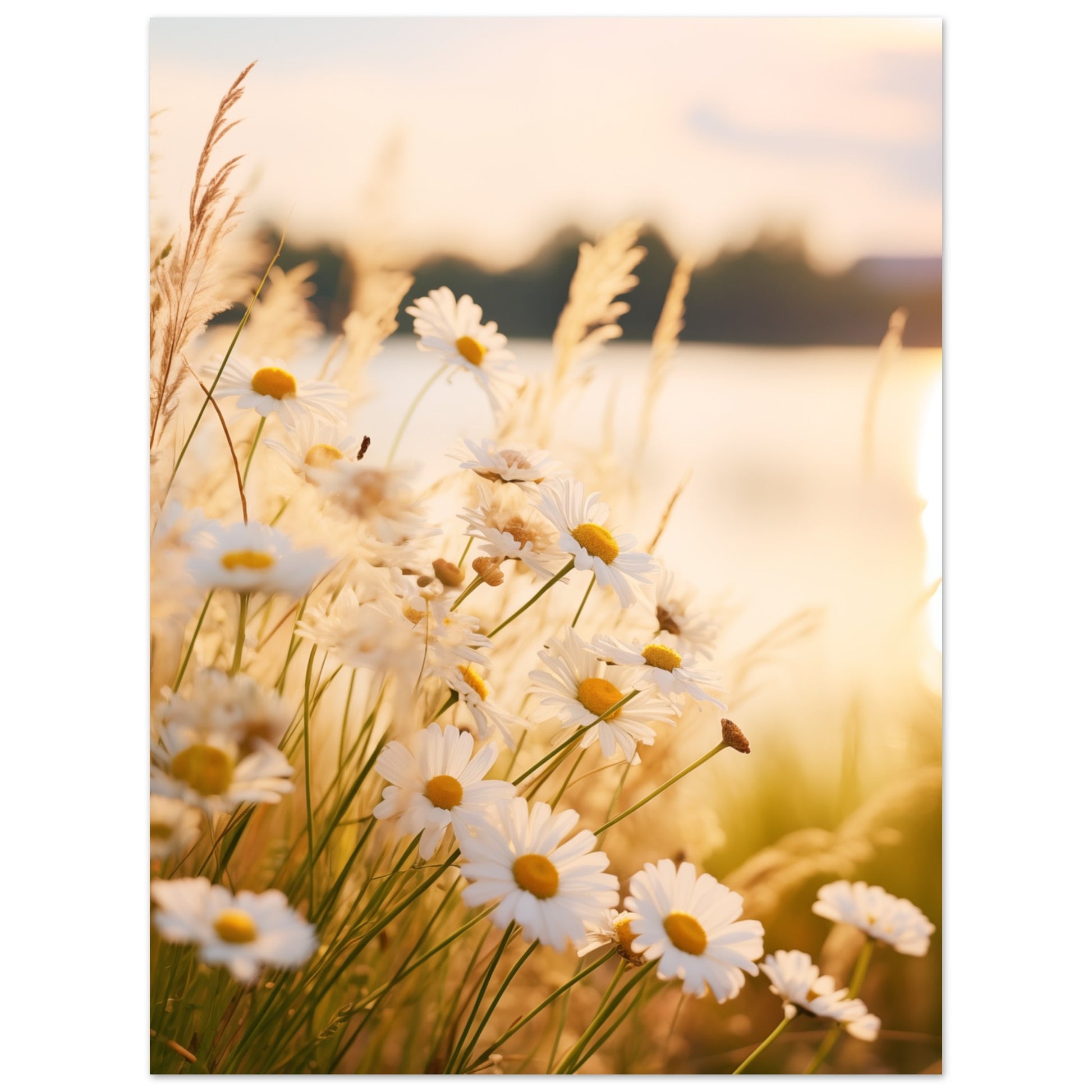 Poster „Abendsonne und Gänseblümchen“ mit Gänseblümchen auf einer hellen Wiese im warmen Abendlicht, 30 × 40 cm