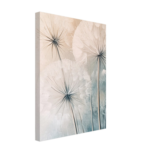 Leinwand „Zarte Pusteblumen“ mit Pusteblumen in Creme und Hellblau vor weichem Hintergrund, 30x40 cm