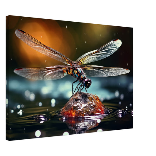 Leinwand „Dämmerungstänzer“ mit Libelle über glitzernder Wasseroberfläche im warmen Dämmerungslicht, Format 50 × 70 cm
