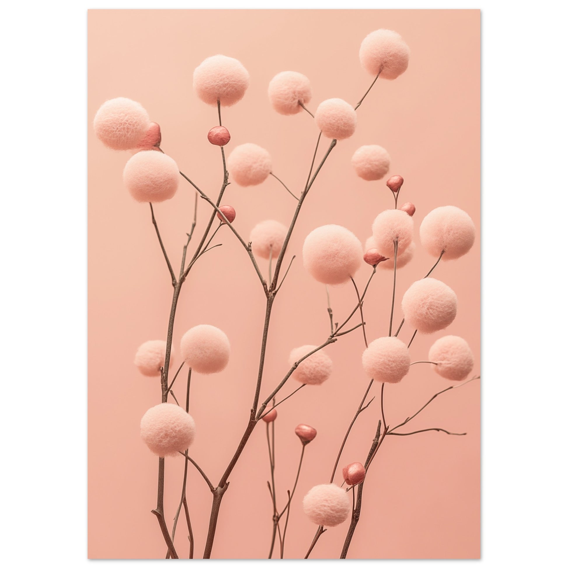 Poster „Zarte Blüten in Pastellrosa“ mit runde pastellrosa Blüten auf feinen dunklen Stielen vor rosafarbenem Grund, 50x70 cm