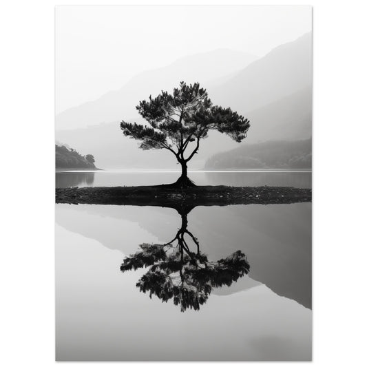 Poster „Absolute Ruhe“ mit einzelnem Baum und Spiegelung in ruhiger Schwarzweißlandschaft, 13 × 18 cm