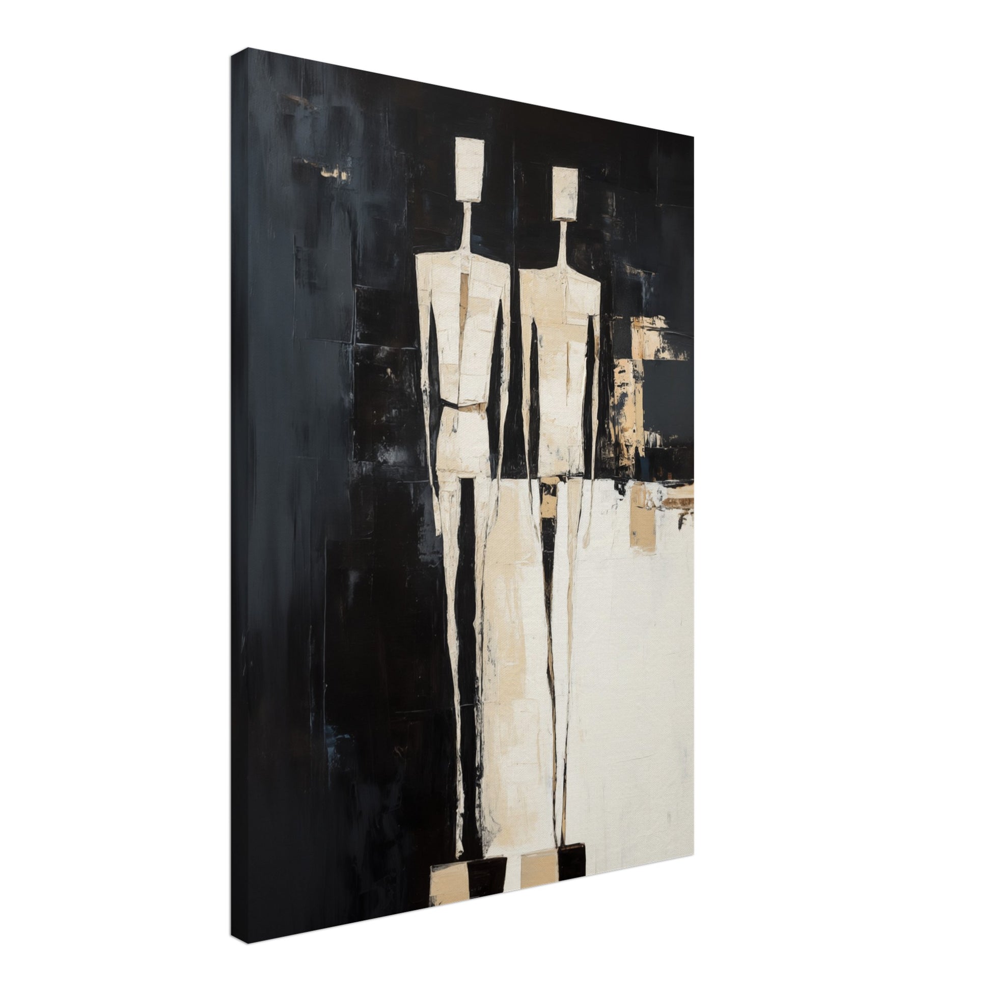 Leinwand „Geometrische Figuren“ mit abstrakten Figuren in Creme und Schwarz vor dunklem Hintergrund, 50x70 cm