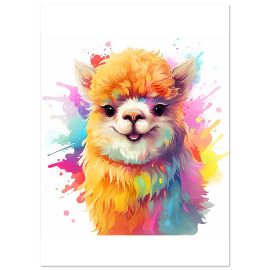 Poster „Alpaka Alfie“ mit freundlichem Alpaka und bunten Aquarellspritzern, 13 × 18 cm