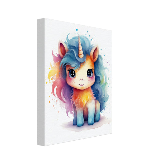 Leinwand „Einhorn "Stella"“ mit niedliches blaues Einhorn mit bunter Regenbogenmähne, 20x25 cm