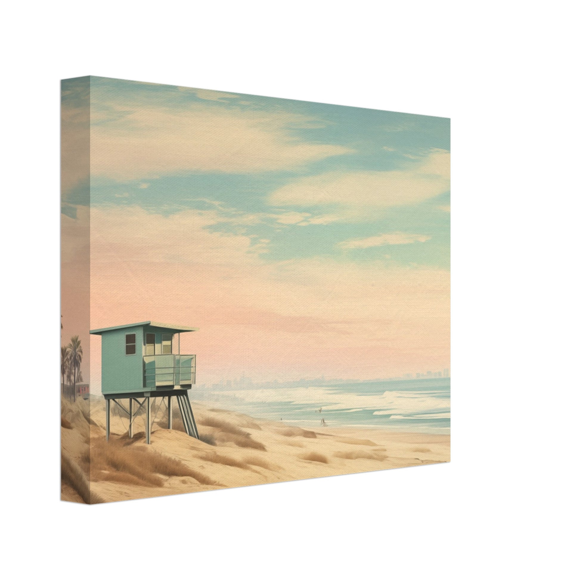 Leinwand „Wächter des Meeres“ mit kleinem Strandwächterhaus auf weiten Sanddünen, 20x25 cm