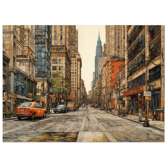 Poster „Urban Echoes“ mit urbaner Straßenszene mit Hochhäusern und gelbem Taxi, 13x18 cm