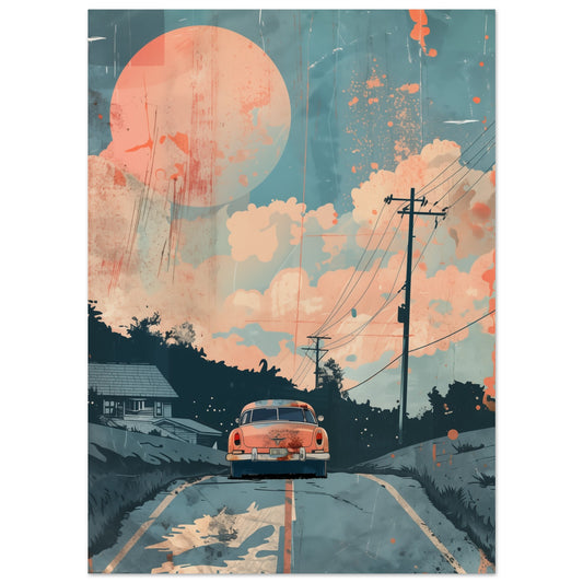 Poster „Retro Roadtrip“ mit Retro-Roadtrip mit Auto, weiter Straße und Bergen, 13x18 cm