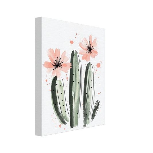 Leinwand „Blühender Kaktus“ mit grüner Kaktus mit zarten apricotfarbenen Blüten im Aquarellstil, Format 20 × 25 cm