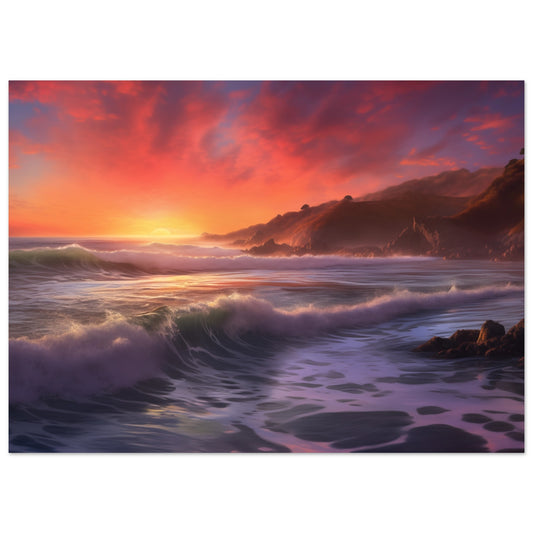 Poster „Sonnenuntergang am Küstenstrand“ mit Küstensonnenuntergang mit violetten Wellen und orangefarbenem Himmel, 13x18 cm