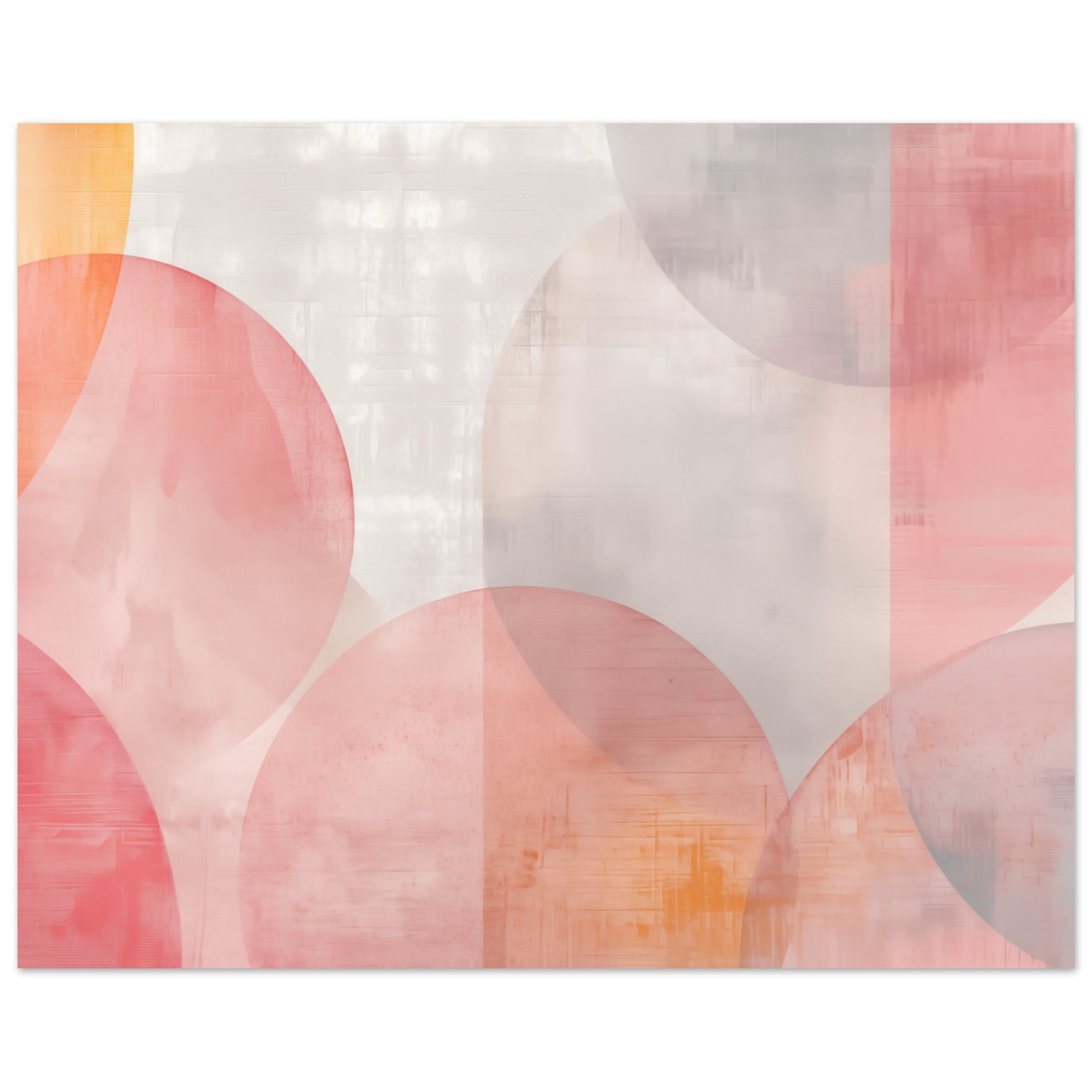 Poster „Geometrische Morgendämmerung“ mit weiche überlagerte Bögen und Halbkreise in Rosa, Koralle, Apricot und Creme, 20x25 cm