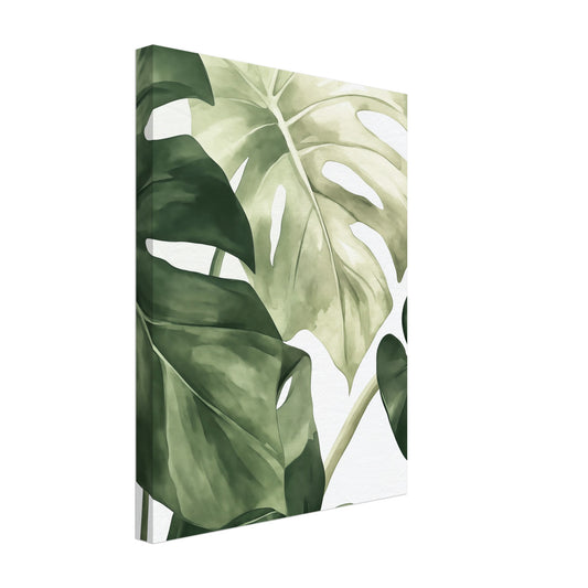 Leinwand „Monstera Blätter“ mit große Monstera-Blätter in verschiedenen Grüntönen auf weißem Grund, 30x40 cm