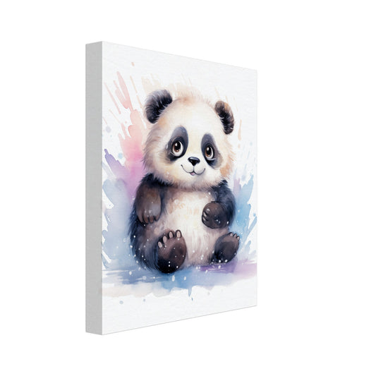 Leinwand „Panda "Penny"“ mit niedlicher Panda in weicher Aquarelloptik mit blauen und violetten Spritzern, 20x25 cm