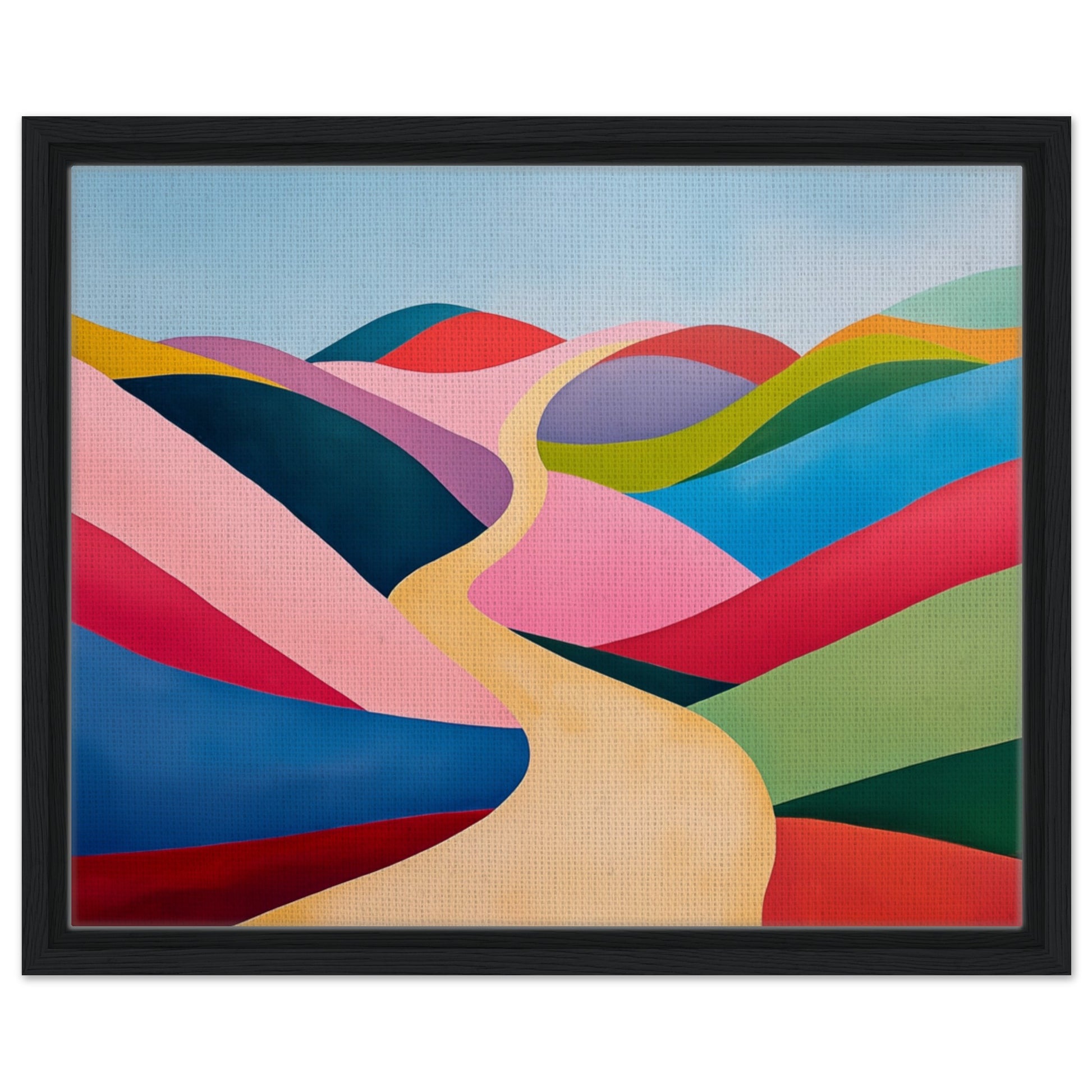 Gerahmte Leinwand „Surreale Hügel“, schwarzer Rahmen, 40 × 50 cm, mit surrealen bunten Hügeln in Pink, Rot, Blau und Grün