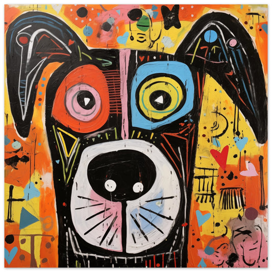Poster „Lebendiger Instinkt“ mit expressivem Hundegesicht mit Graffiti- und Farbspritzern, 25x25 cm