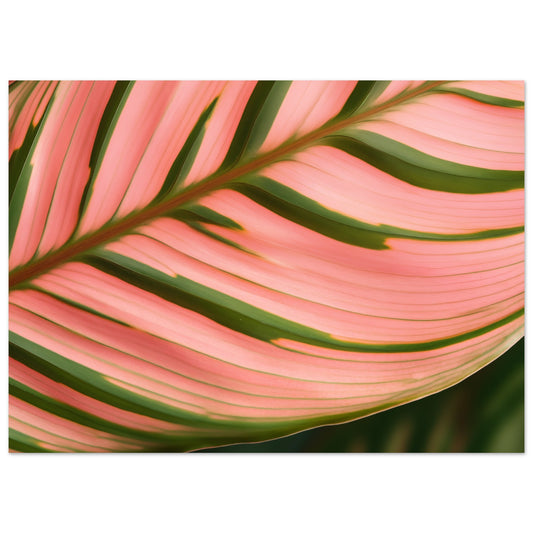 Poster „Calathea Farbenspiel“ mit Nahaufnahme eines Calathea Blatts in Rosa und Olivgrün, Format 13 × 18 cm