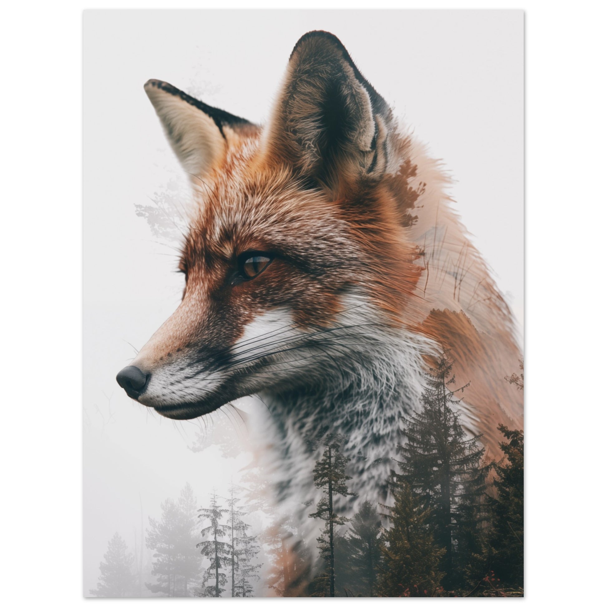 Wandbild „Fuchs im Nebelwald“ mit realistisches Fuchsprofil mit dunklem Nadelwald als Doppelbelichtung, 30x40 cm