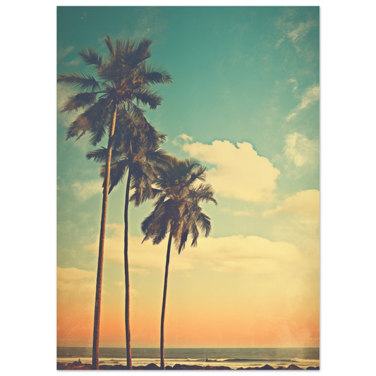 Poster „Retro Strandidyll“ mit Palmen am Strand vor pastelligem Sonnenuntergang in nostalgischer Retro-Optik, 13x18 cm