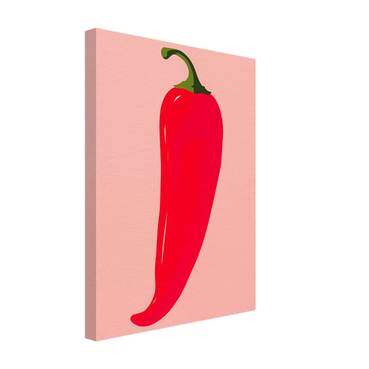 Leinwand „Scharfe Chilli“ mit leuchtend rote Chilischote auf zart rosafarbenem Hintergrund, 30x40 cm