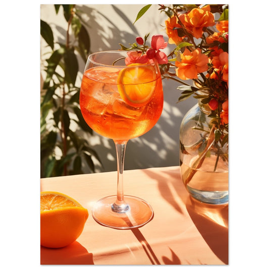 Poster „Sonniger Aperitivo“ mit Aperitivo-Cocktail im Weinglas auf sonnigem Tisch mit Orangen und Blüten, 13x18 cm