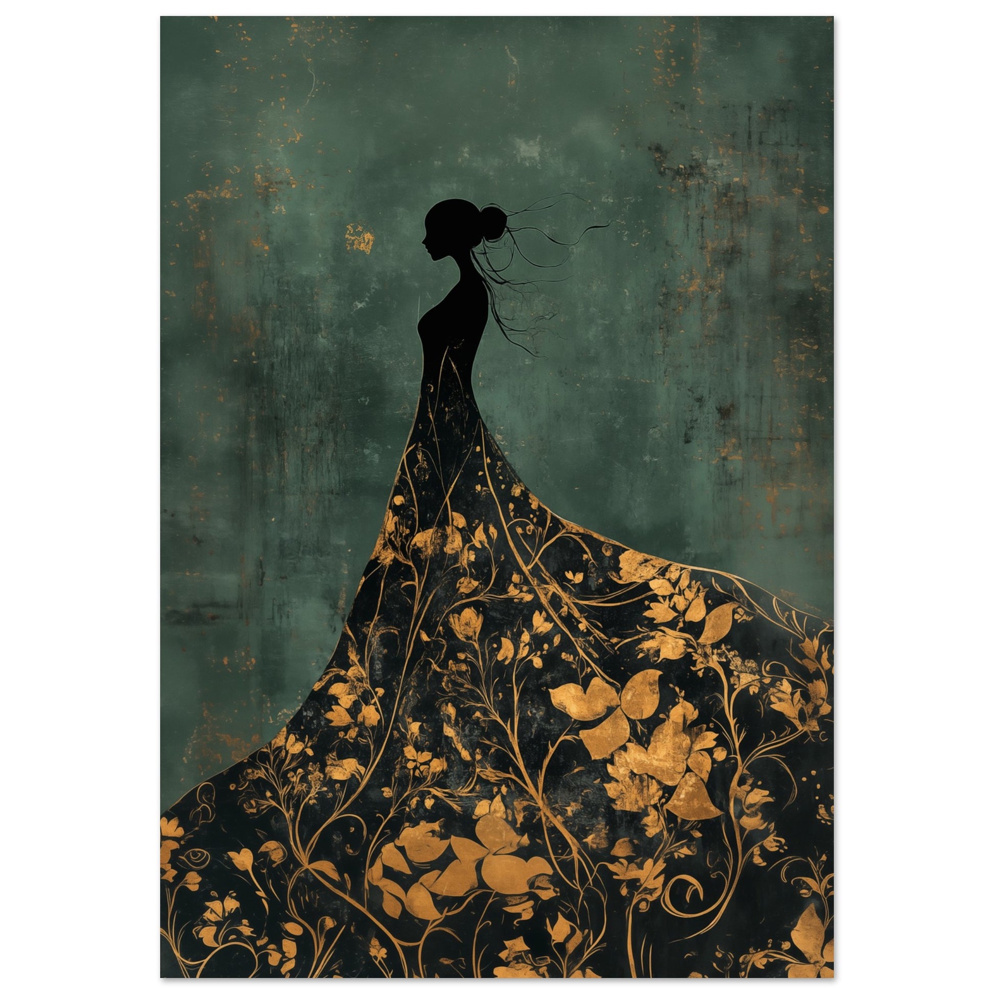 Goldene Eleganz – Silhouette einer Frau in floraler Pracht Poster 70x100 cm - Pixara