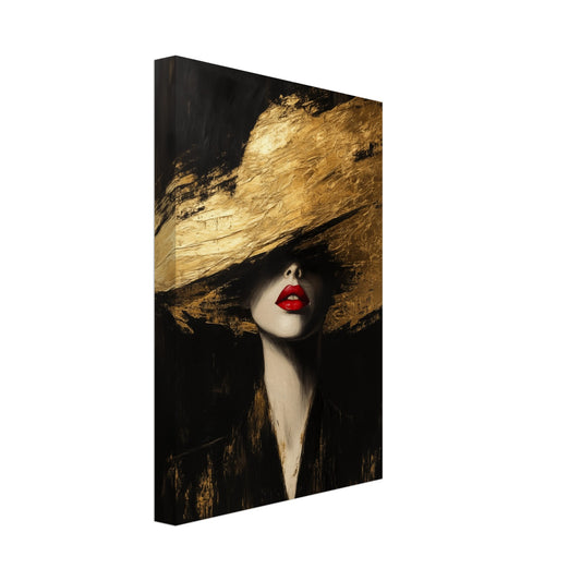 Leinwand „Goldene Eleganz“ mit Frauenporträt mit roten Lippen und großer goldener Hutform, 20x30 cm