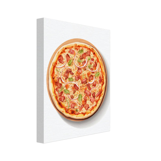 Leinwand „Klassische Pizza“ mit klassische Pizza mit Käse, Tomaten, Zwiebeln und Kräutern aus der Vogelperspektive, 20x25 cm