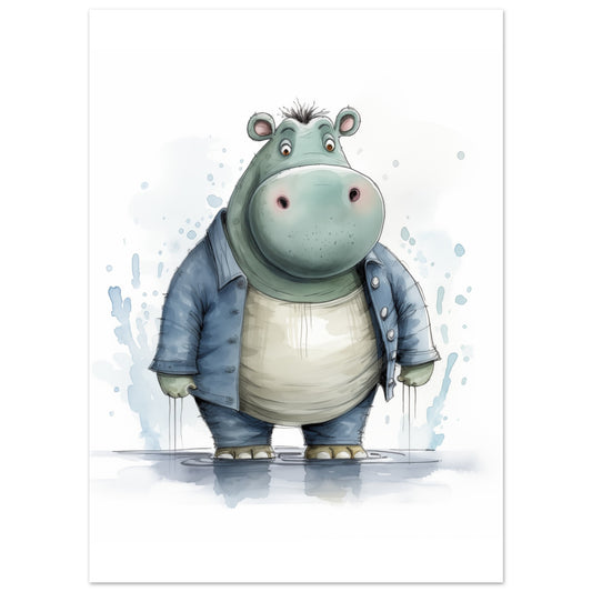 Poster „Nilpferd "Bernd"“ mit niedliches blaugrünes Nilpferd mit großen Augen in Kinderbuchoptik, 13x18 cm