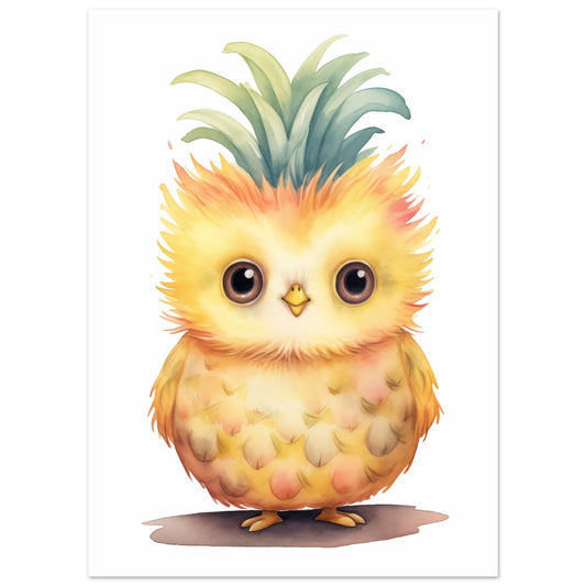 Poster „Owly Pine“ mit niedliche Eule mit Ananas-Körper und grüner Blätterkrone, 13x18 cm