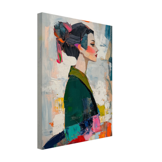 Leinwand „Abstraktes modernes Porträt einer Frau im Kimono“ mit Frau im Kimono im Profil vor Petrol, Apricot und Rosatönen, 30 × 40 cm