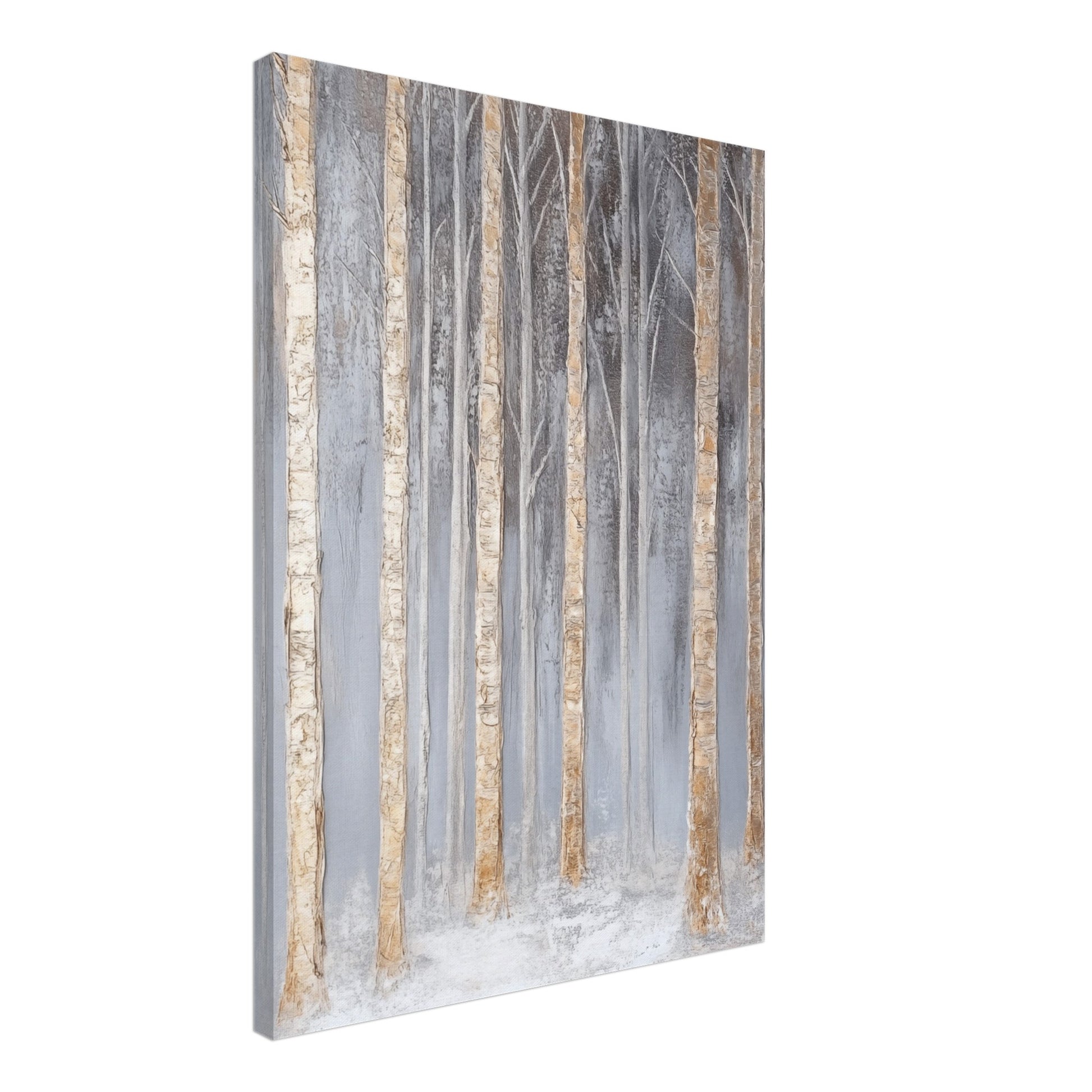 Leinwand „Nebelhafte Birkenlandschaft“ mit Birkenstämmen in nebliger Winterlandschaft mit goldenen Akzenten, 50x70 cm