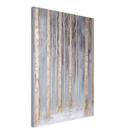 Leinwand „Nebelhafte Birkenlandschaft“ mit Birkenstämmen in nebliger Winterlandschaft mit goldenen Akzenten, 50x70 cm