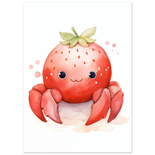Poster „Craby Berry“ mit niedliche Erdbeer Krabbe mit rotem Körper und grünem Blattkranz, Format 13 × 18 cm