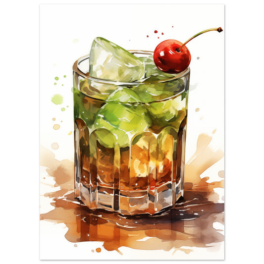 Poster „Cocktailkunst“ mit Aquarell Cocktailglas mit Limette, Minze und roter Kirsche, Format 13 × 18 cm
