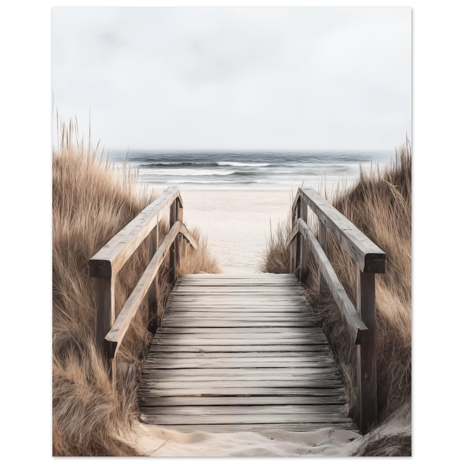 Wandbild „Holzsteg am Strand“ mit Holzsteg durch helle Dünen und Gräser zum ruhigen Meer, 40x50 cm