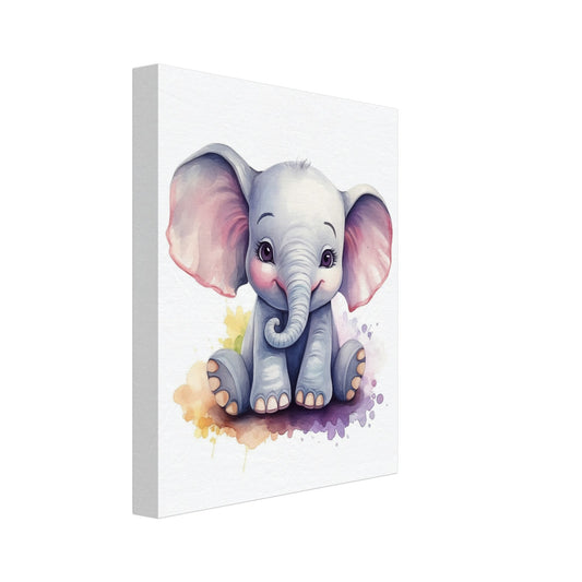 Leinwand „Elefant "Ellie"“ mit niedlicher grauer Babyelefant mit rosa Ohren und Aquarellspritze, 20x25 cm