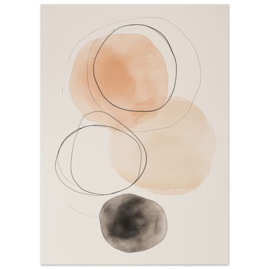 Poster „Balance der Kreise, Japandi Minimalismus“, 13 × 18 cm, mit weichen Kreisen und Aquarellflächen in Apricot, Beige, Creme