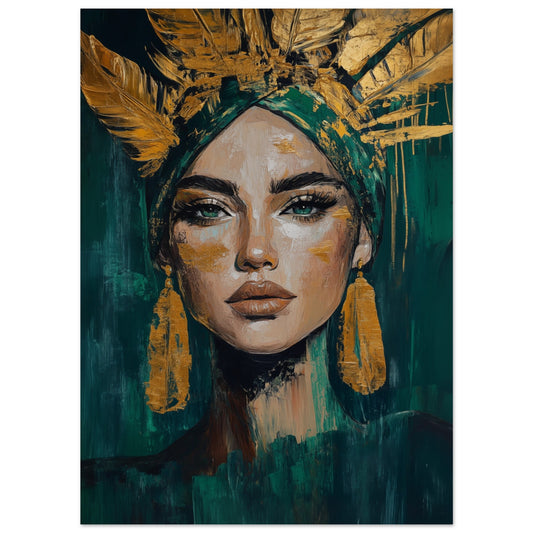 Poster „Goldene Stärke“ mit regales Frauenporträt mit goldenem Kopfschmuck vor tiefgrünem Hintergrund, 13x18 cm