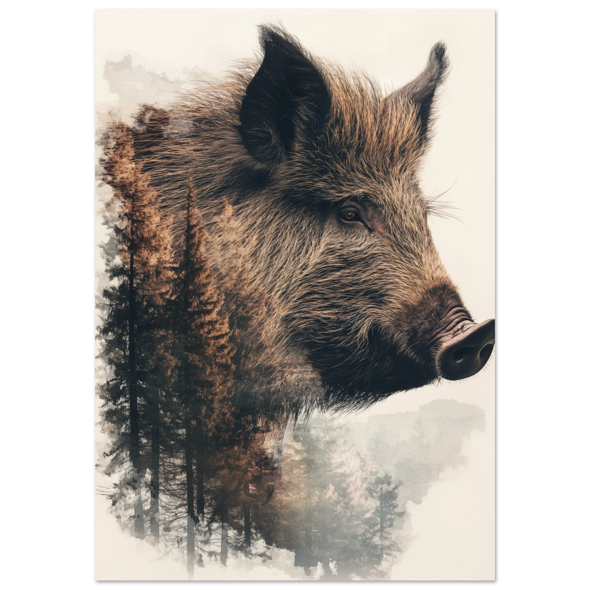 „Doppelbelichtung Wildschwein“ mit Wildschweinporträt mit Waldstruktur in warmen Braun- und Rosttön,, Bildansicht 7