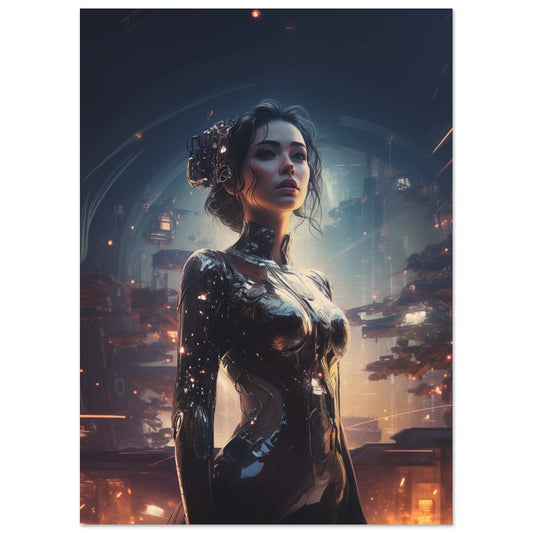 Poster „Wächterin der Sternenstadt "Seraphina"“ mit futuristischer Frauenfigur vor nächtlicher Sternenstadt, 13x18 cm