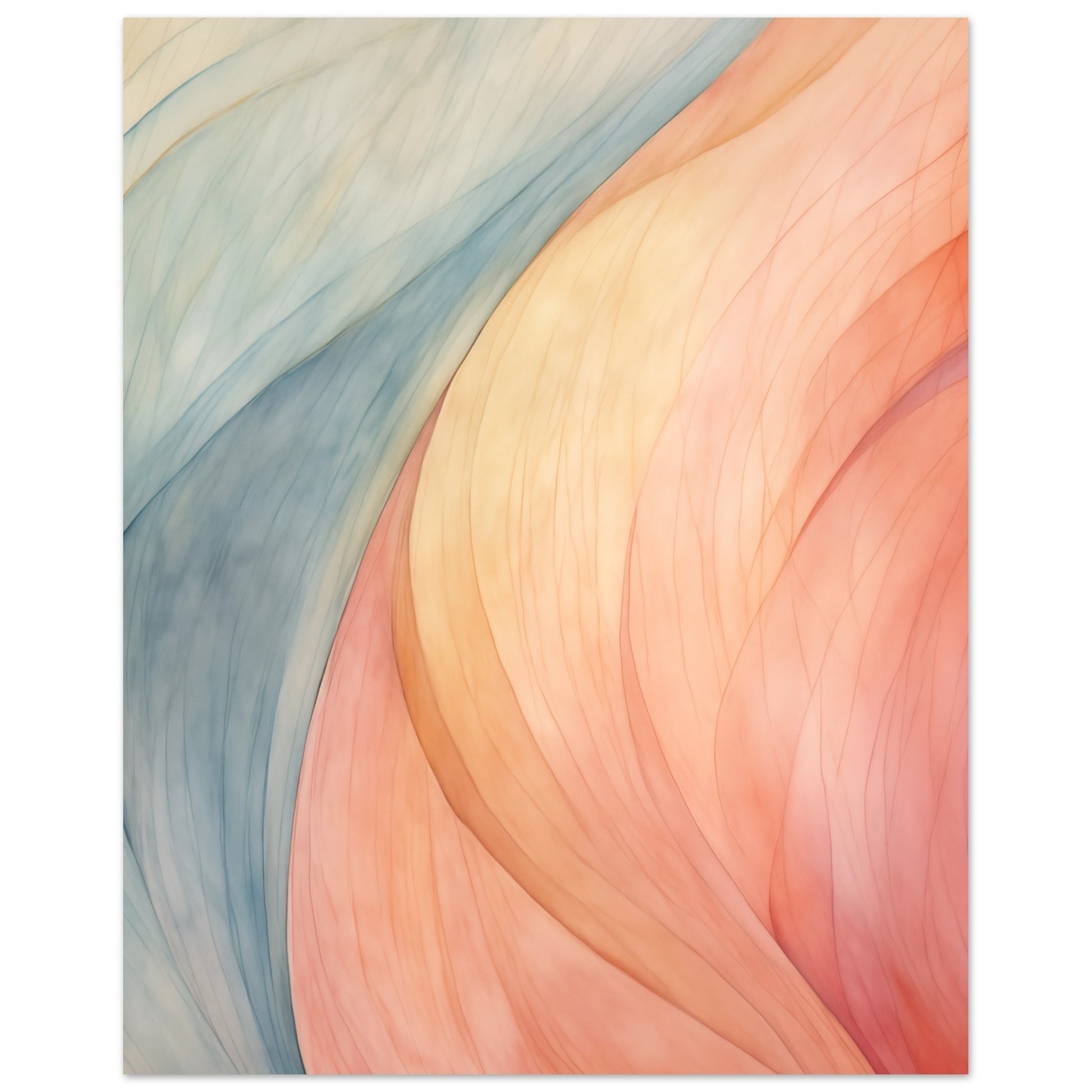 Poster „Herzschlag der Natur“ mit abstrakte, weich geschwungene Farbbahnen in Apricot, Altrosa und Salbeigrün, 20x25 cm