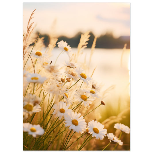 Poster „Abendsonne und Gänseblümchen“ mit Gänseblümchen auf einer hellen Wiese im warmen Abendlicht, 13 × 18 cm