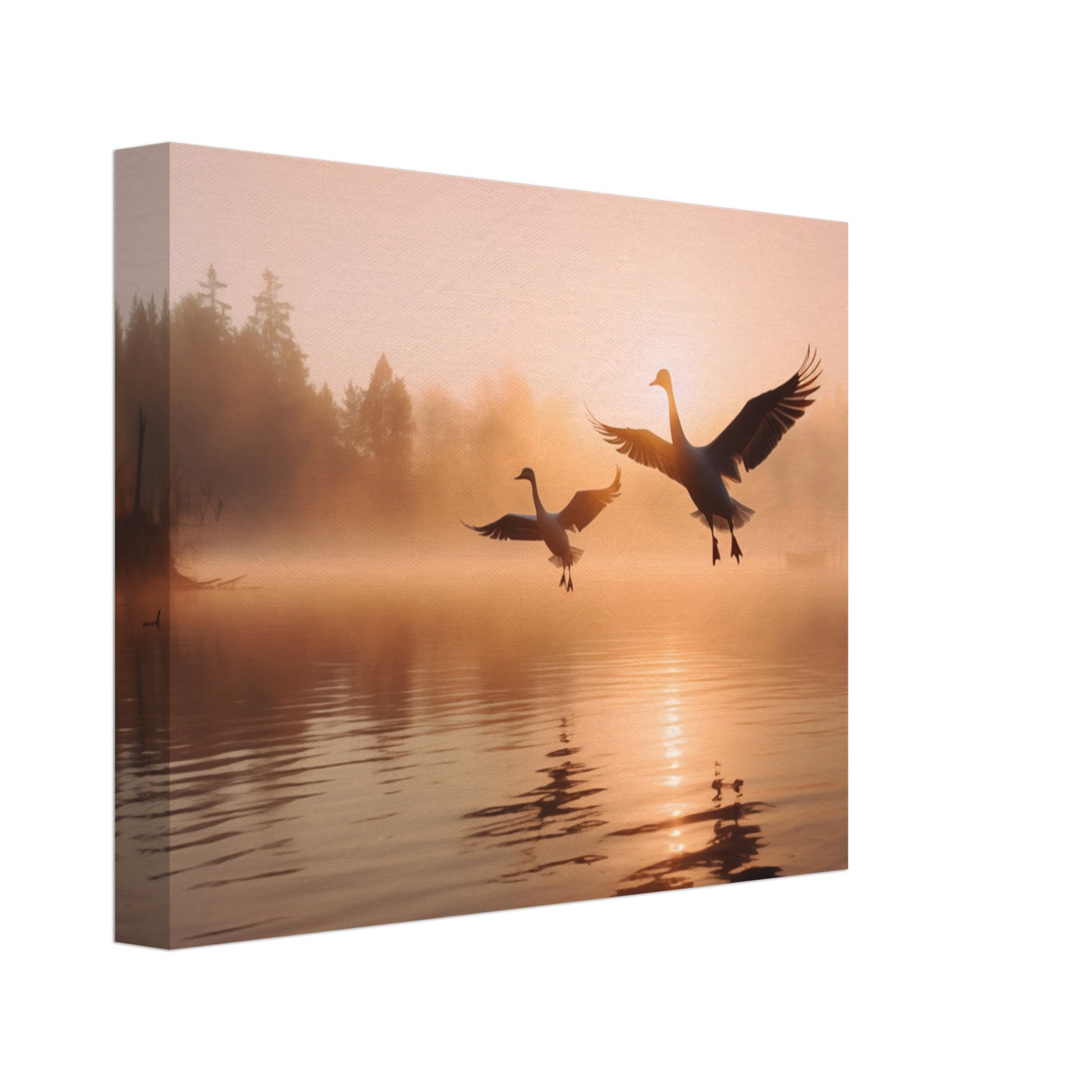 Leinwand „Morgendämmerung am See“ mit ruhigem See im Morgennebel mit fliegenden Vögeln, 20x25 cm