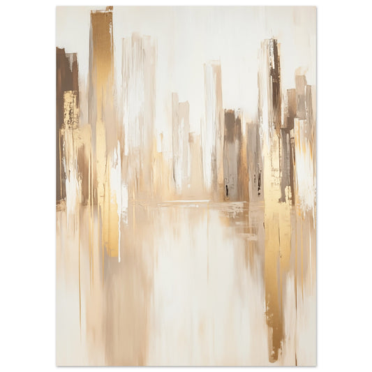 Poster „Goldene Skyline“ mit abstrakte goldbeige Skyline aus vertikalen, malerischen Formen auf hellem Grund, 13x18 cm