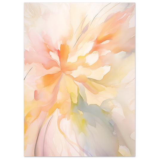 Poster „Frühlingserwachen“ mit abstrakte Frühlingsblüte aus weichen Pinselzügen in Apricot, Rosa, Gelb und blassem Grün, 13x18 cm
