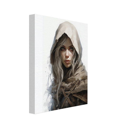 Leinwand „Die Schattenläuferin "Lyra Schleierblick"“ mit mystische Frauenfigur mit heller Kapuze, grauem Haar und dunklem, 20x25 cm