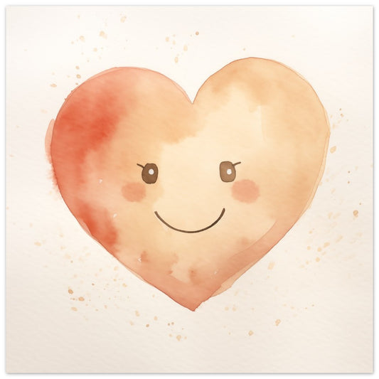 Poster „Herzi Lieblich“ mit lächelndes Aquarellherz in Apricot und Creme mit kleinen rosigen Wangen, 25x25 cm