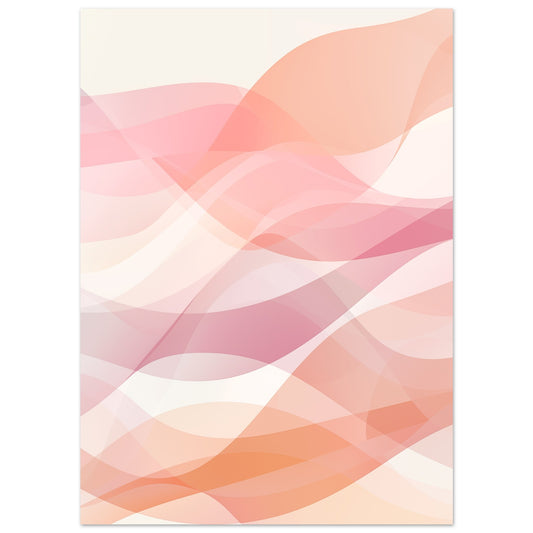 Poster „Harmonie in Wellen“ mit fließende transparente Wellenbänder in Rosa, Apricot, Creme und zartem Rot, 13x18 cm