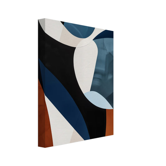 Leinwand „Vibrant Curves“ mit geschwungenen Flächen in Dunkelblau, Schwarz, Weiß und Rost, 20x25 cm